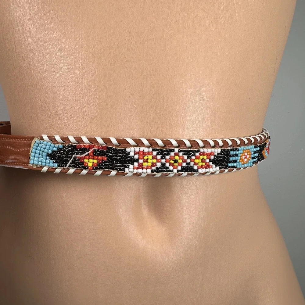 Womans Indian Hand Beaded Leather Belt Adjustable Bird Colorful